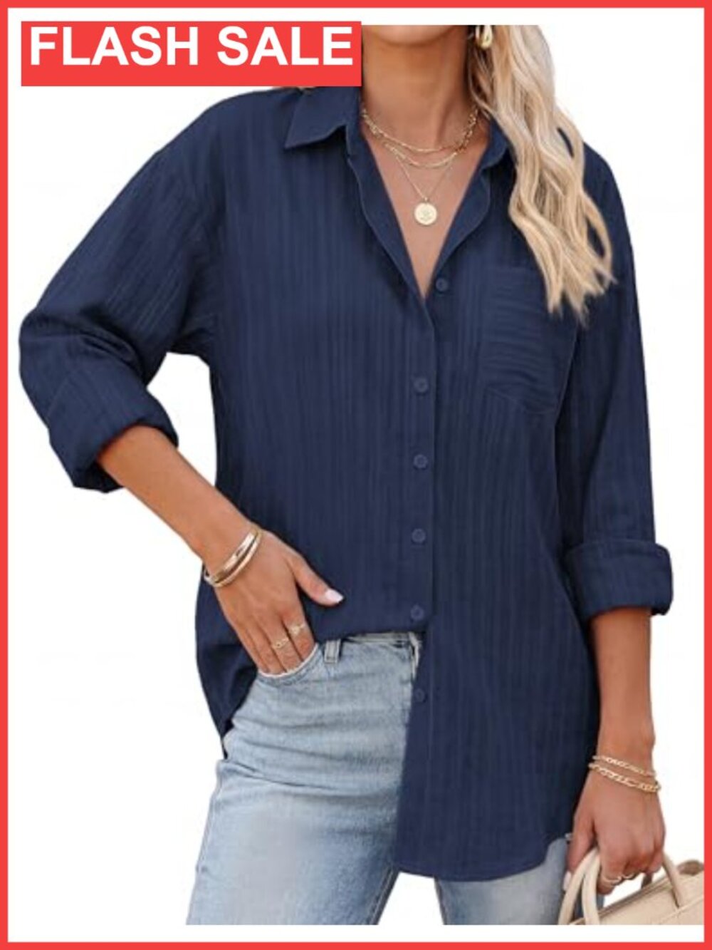 Oversized Cotton Button-Down Shirt Textured Striped Long Sleeve Blouse